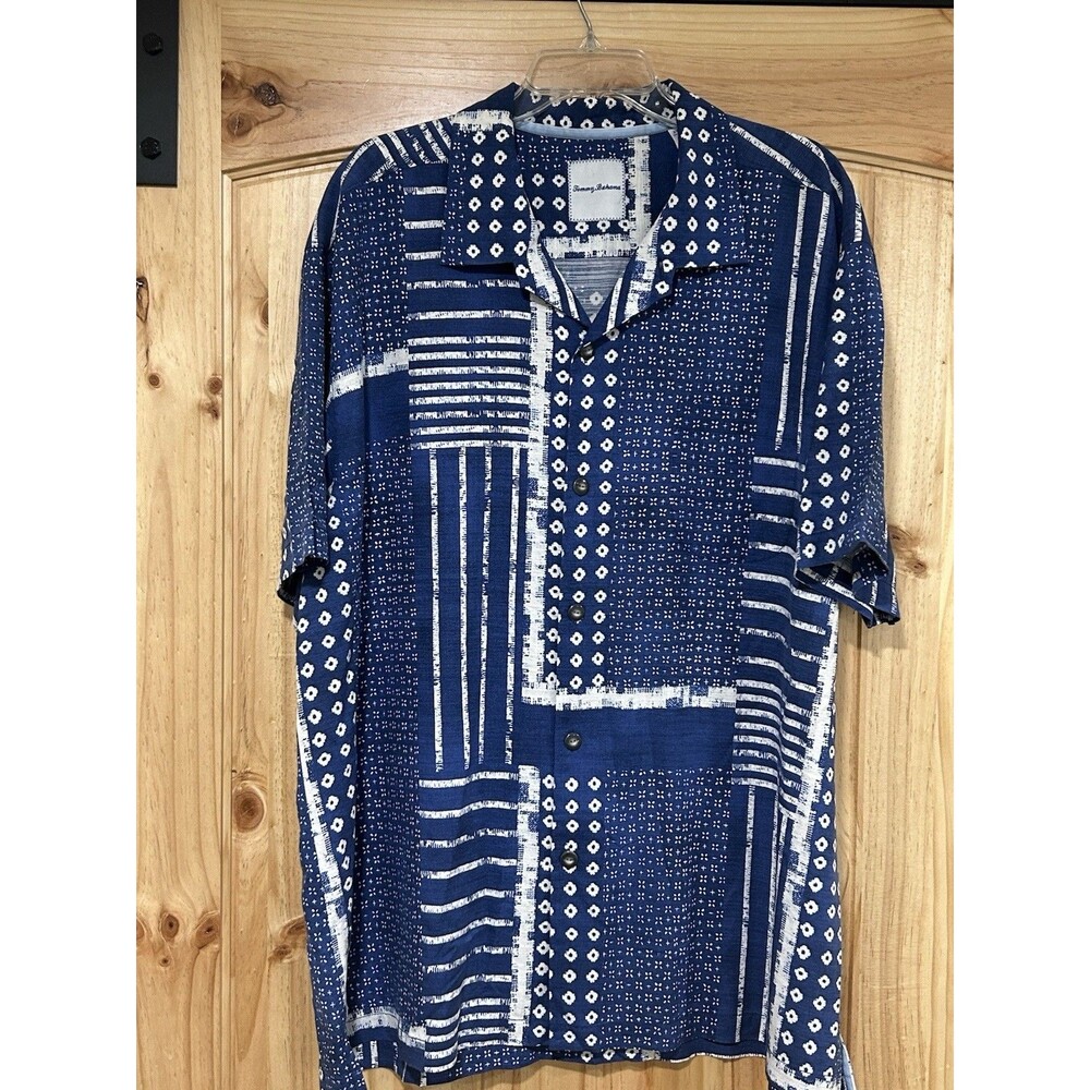 Tommy Bahama Silk Cotton Blend Shirt Sleeve Button Up Blue White Boho 3XL